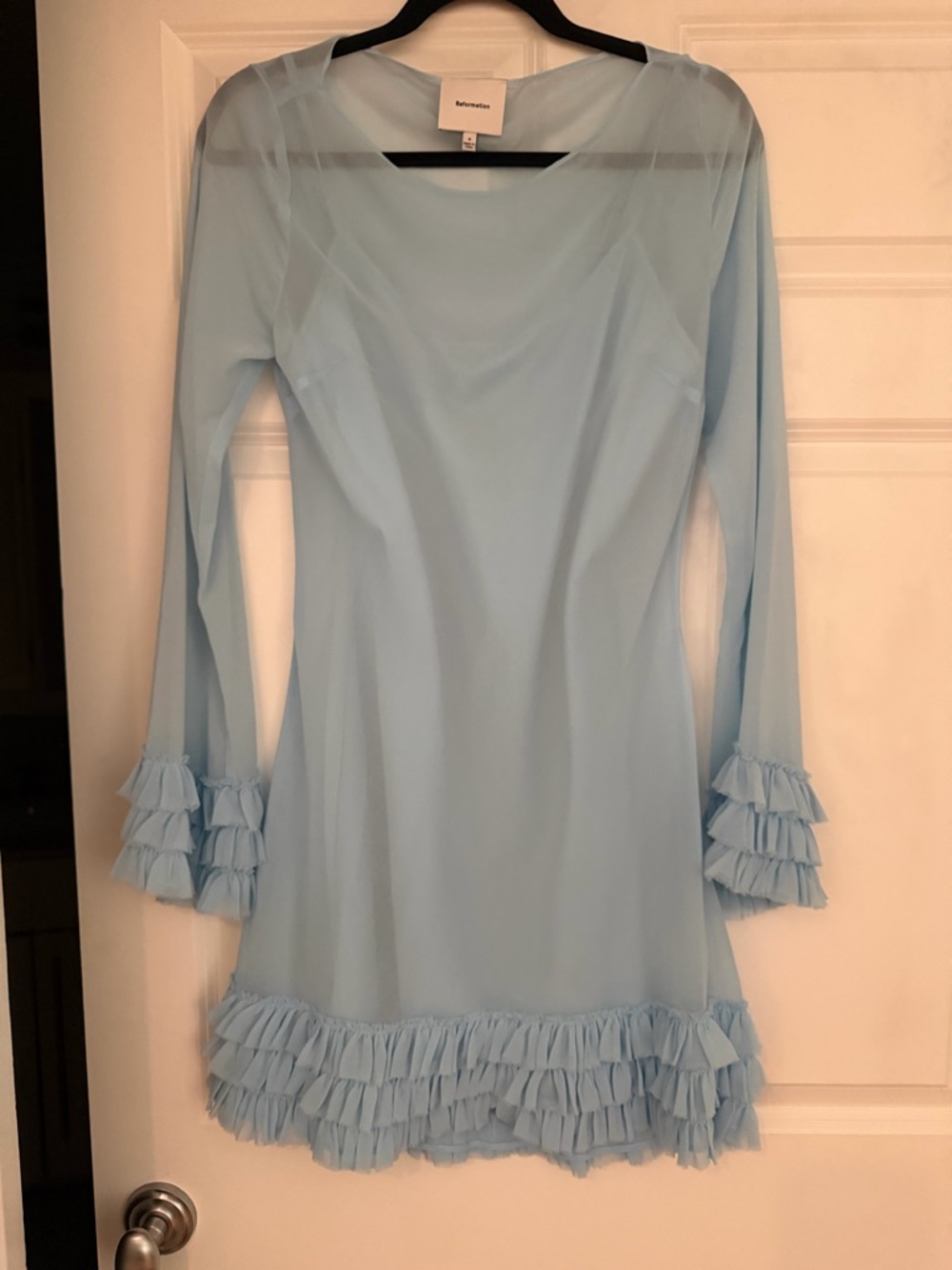 Reformation Light Blue Mini Dress with Ruffle Details